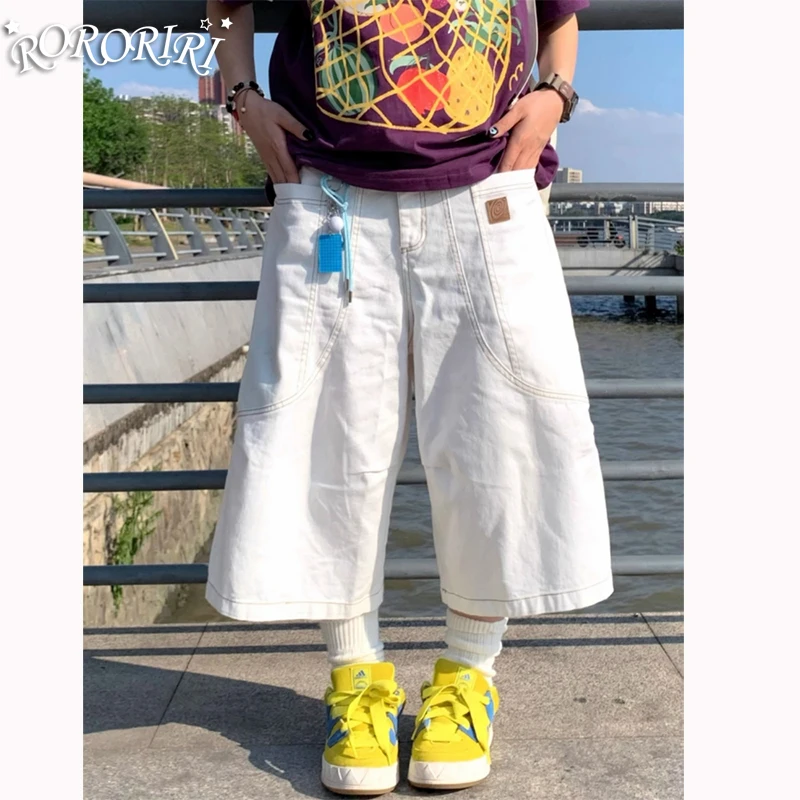 

RORORIRI японские прямые брюки-карго в стиле ретро, джинсы-капри, свободные белые брюки с несколькими карманами для лета, городская мода для мальчиков Acubi