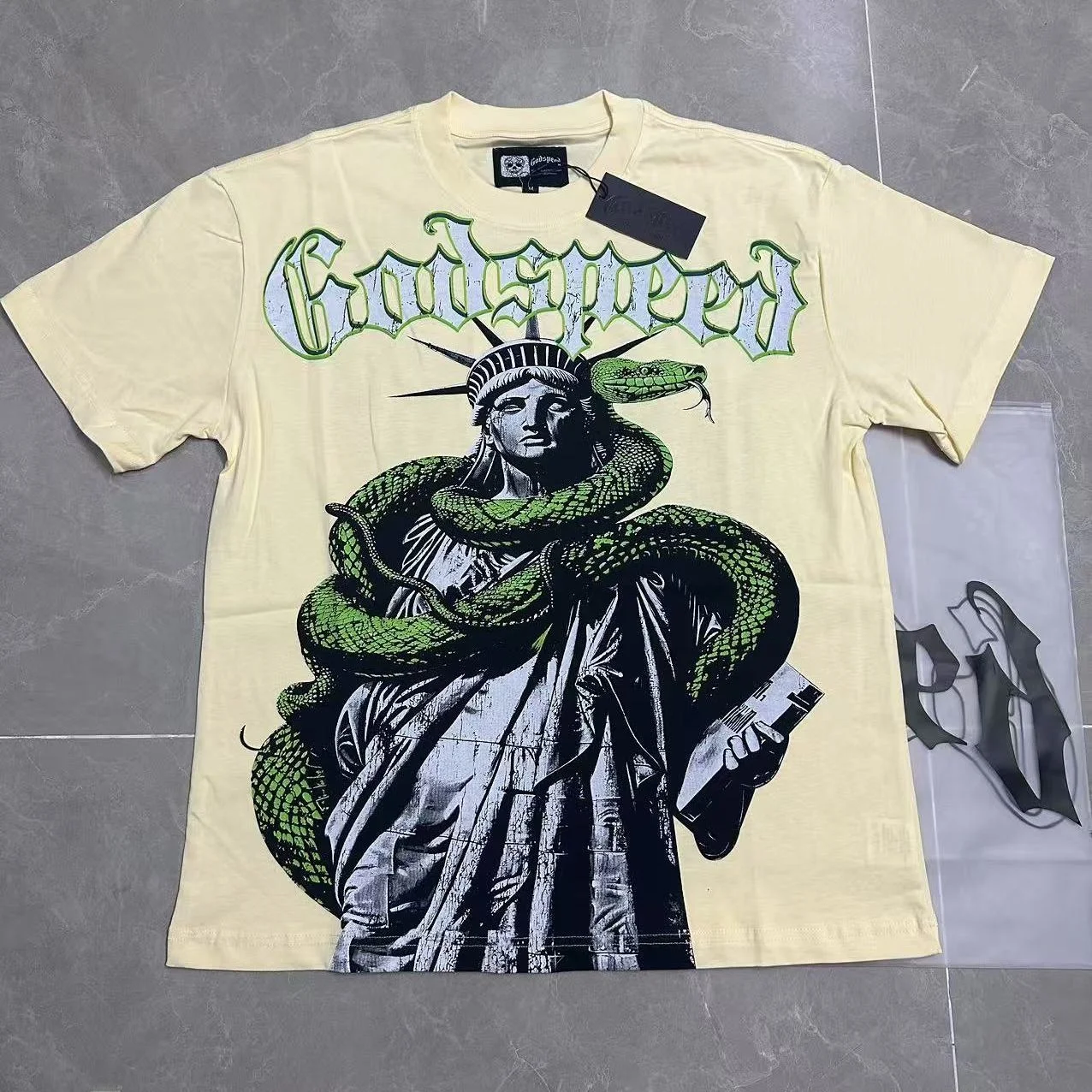 Vintage American INS Brand Godspeed Snake And Statue Print O-Neck Heavyweight Pure Cotton Short Sleeve T-Shirt Street Style C...