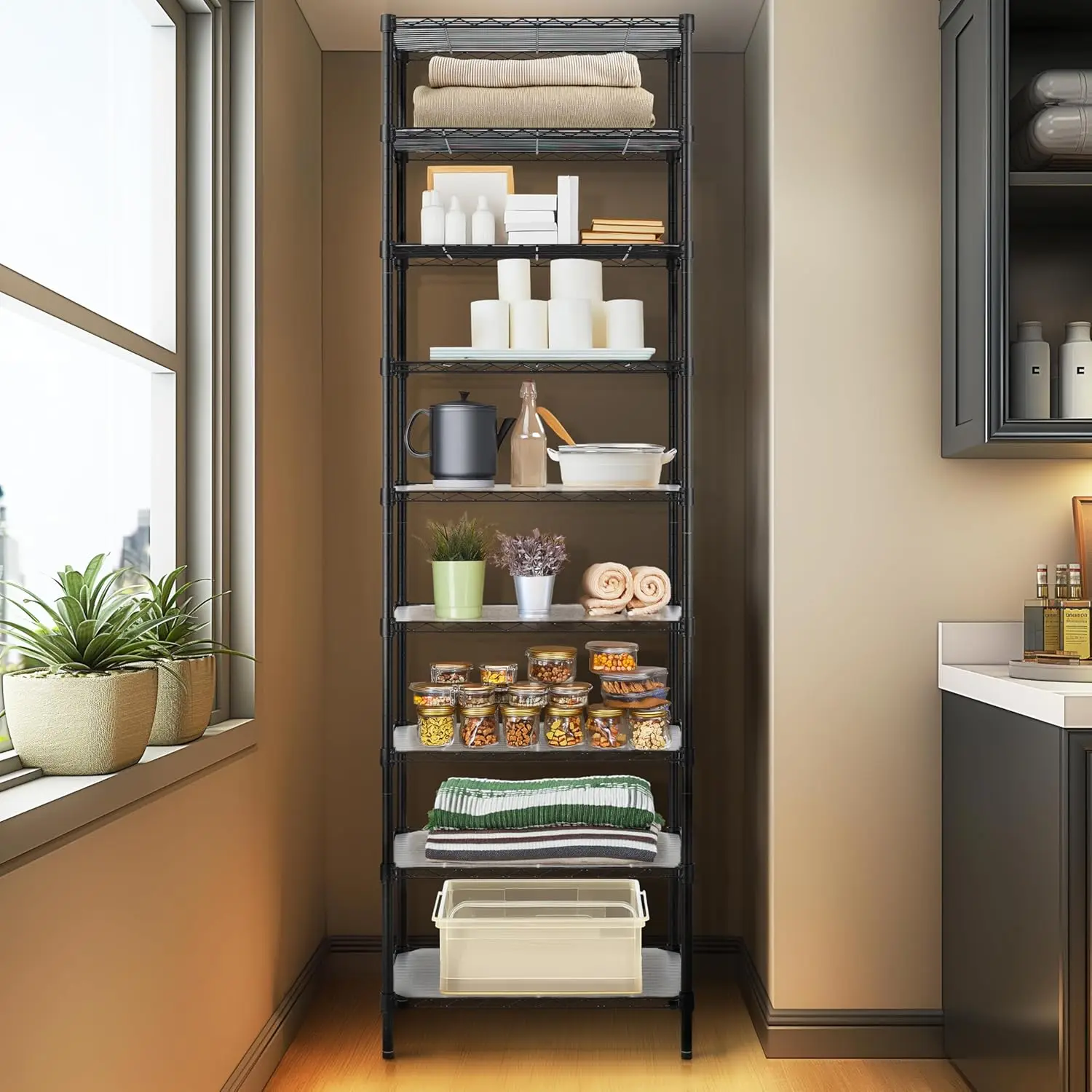 وحدة رفوف سلكية مكونة من 9 طبقات رفوف سلكية فولاذية قابلة للتعديل، ارتفاع 81 بوصة و9 أرفف رف تخزين معدني، جودة البيع الساخن