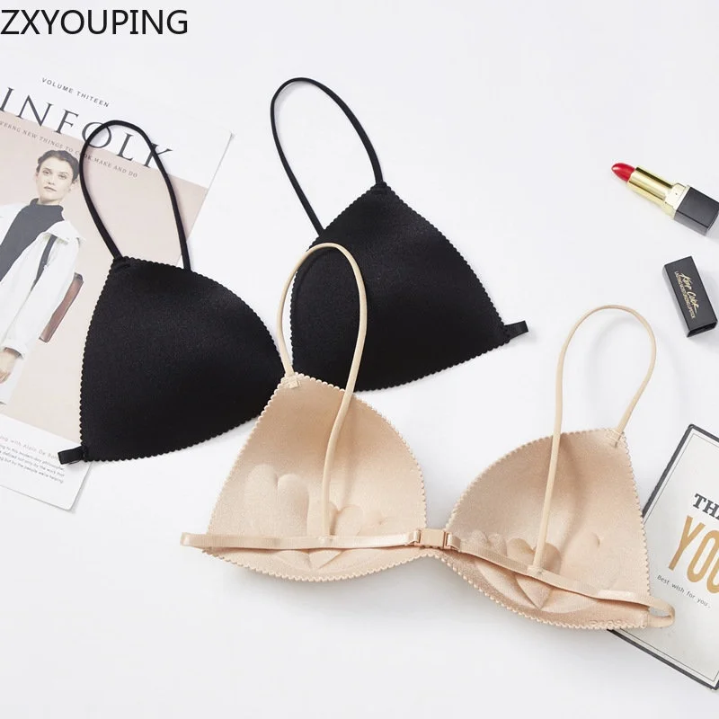 2PCS Women Wire Free Bra, Sexy Beautiful Back Bra, Seamless Thin Triangle Cup Small Breast Push Up Bra Set