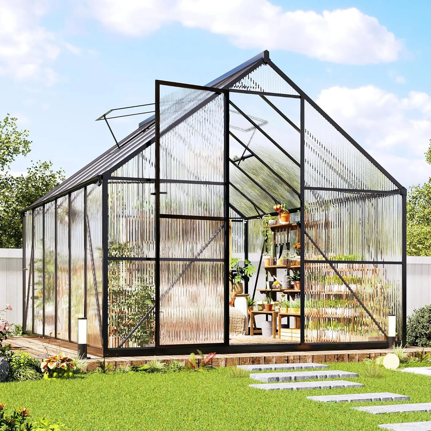 

8x12Ft Polycarbonate Greenhouse, Heavy Duty Aluminum Frame with 2 Windows & Swing Doors, Outdoor Garden Greenhouses, Black