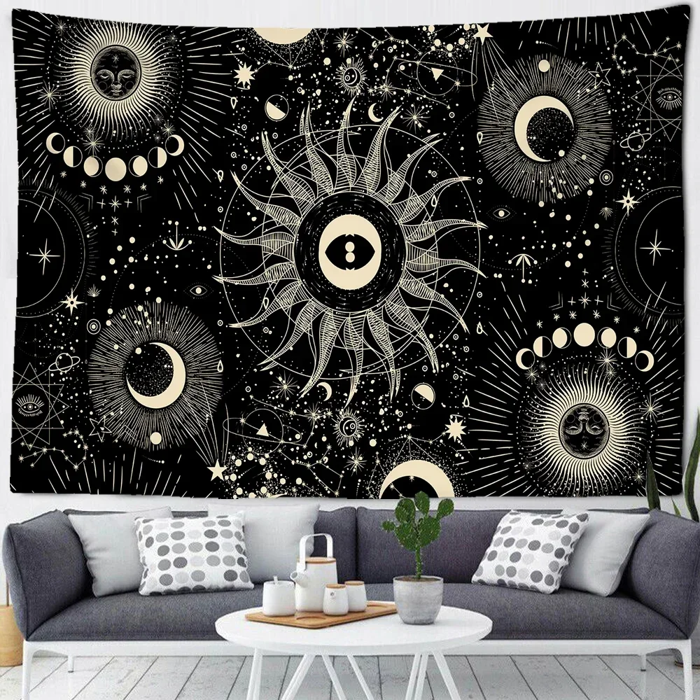 Tarot card Black and white Sun Moon Mandala starry Sky Decorative tapestry Bohemian witchcraft astrology tapestry home decor