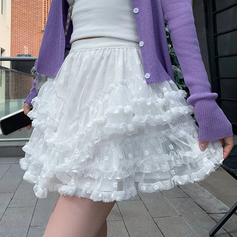 Sweet White Lace Cake Skirt Women 2025 High Waist Flower Embroidery Mini Skirts Woman Summer Pleated A Line Short Skirts Female