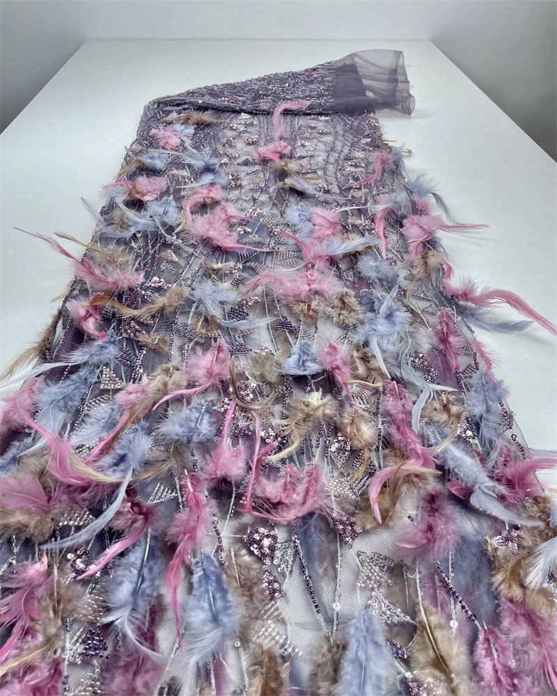 Tessuto di pizzo africano di alta qualità Paillettes Maglia di pizzo Perline di lusso Tessuto di pizzo di tulle ricamato con piume 3D per cucire