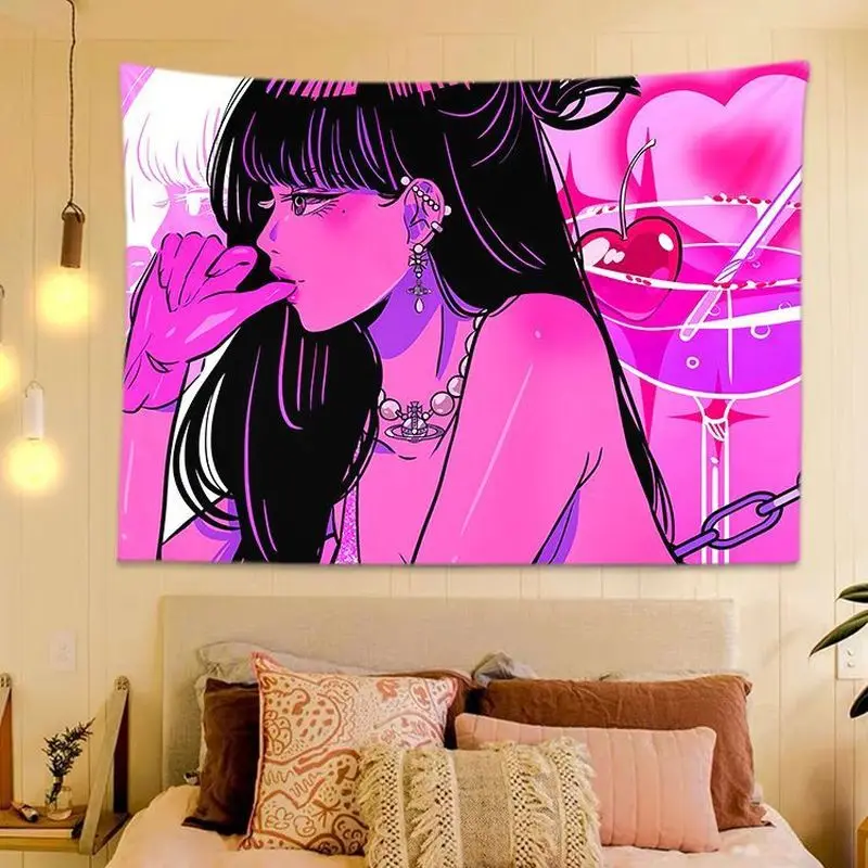 VIKAMA Angels Demons Girl Tapestry, Sweet Cool Cartoon Wall Hanging, Dorm Room Bedroom Backdrop, Kawaii Aesthetic Room Decor