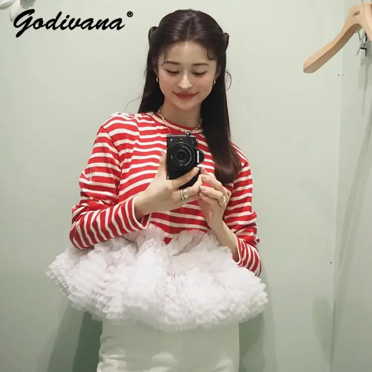 Japanese New Heavy Industry Fluffy Pleated Yarn Splicing Striped T-shirt Crew Neck Long Sleeve Women's Sweet Puffy Short Top