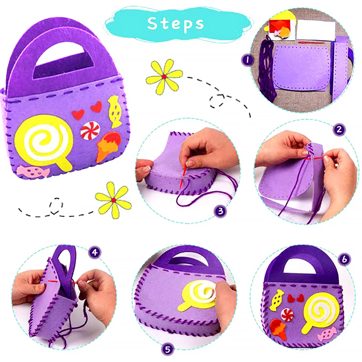 8Pcs/set Child Puzzle Simulation Sew Set DIY Felt Bag Set Kid Education Toy Craft Set Safe Needle Thread Felt Bag Boy Girl Gift