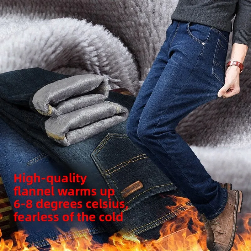 

Мужские джинсы прямого кроя на флисовой подкладке, теплые, эластичные, больших размеров, длинные брюки из хлопка, осенне-зимние, повседневные джинсовые штаны