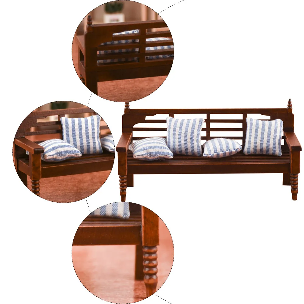 

1Set Mini Wooden Multi-User Chair with Pillow Creative Handmade Miniature Furniture for Desktop Decoration and DIY Activities