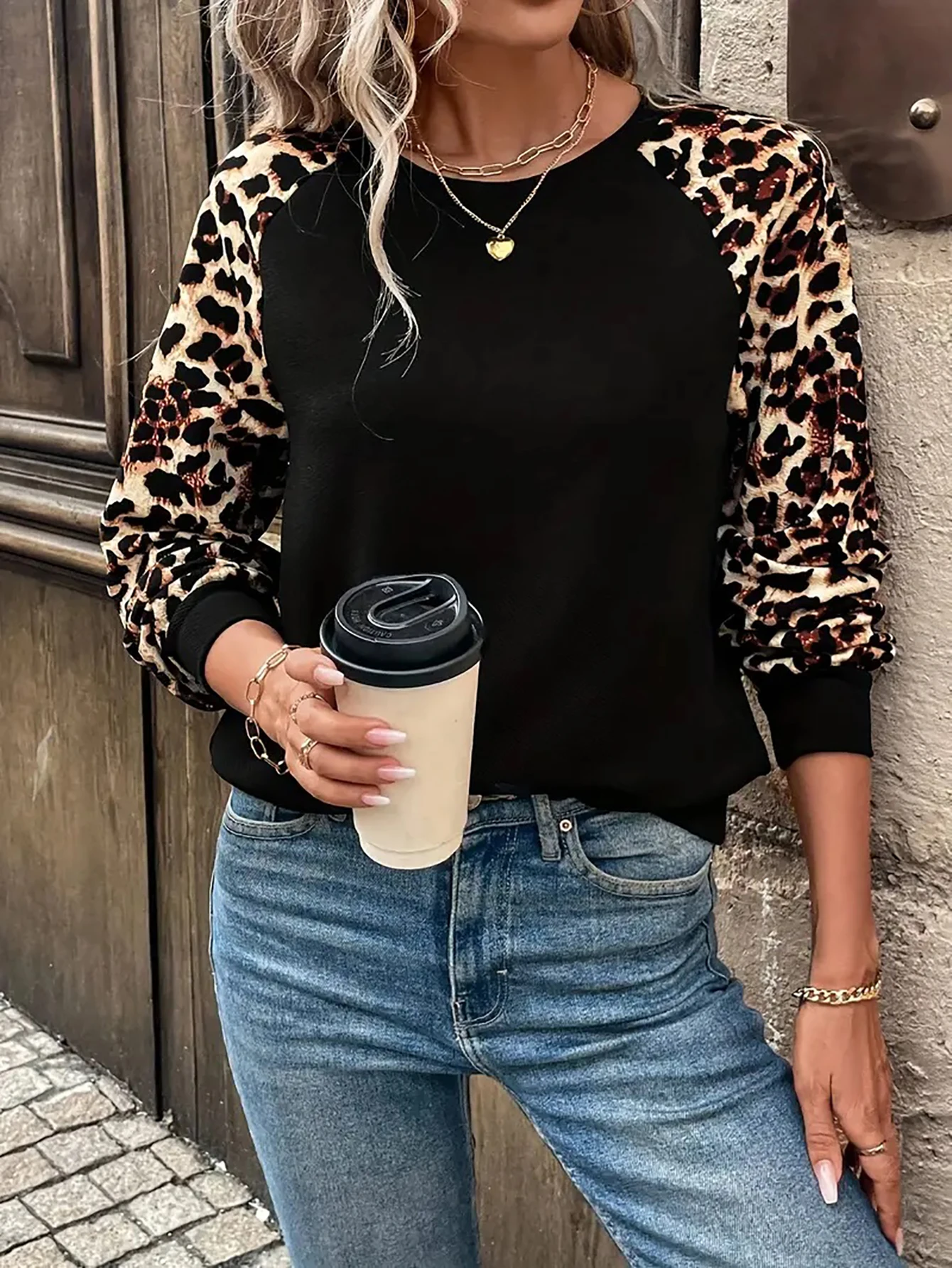 Aamikast Big Size Women Casual Pullover Leopard Loose T-shirt Sweatshirt jesień zima Tops Color Blocking Round Neck Long Sleeve