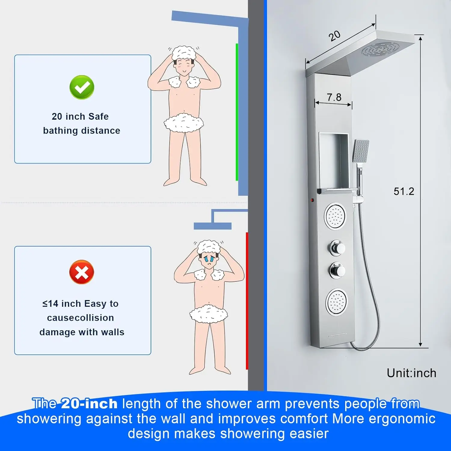 Shower Panel LED Shower Tower Shelf 304 Stainless Steel Mist Rainfall System 2 Body Spa Jets Tup Spout Column Brushed Nickel