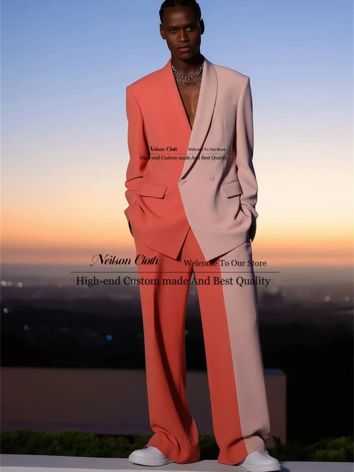 Double Color Splice Male Prom Blazers 2 Pcs Sets Double Breasted Groom Wedding Tuxedos Customized Shawl Lapel Costume Homme
