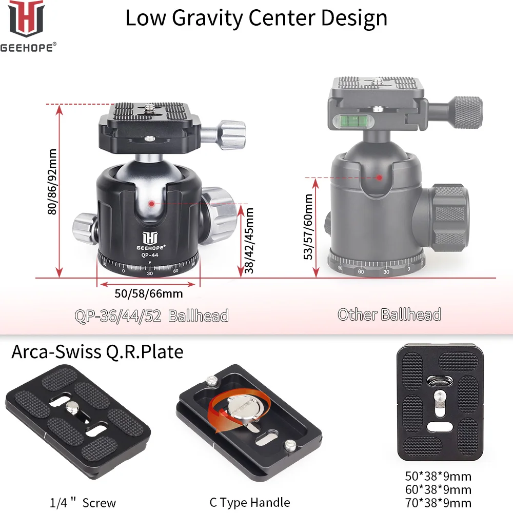 Imagem -03 - Tripé Ballhead do Metal Panorâmico do Centro de Baixa Gravidade 360 ° com Placa de Liberação Rápida para a Câmera Digital Dslr Qp36 44 52