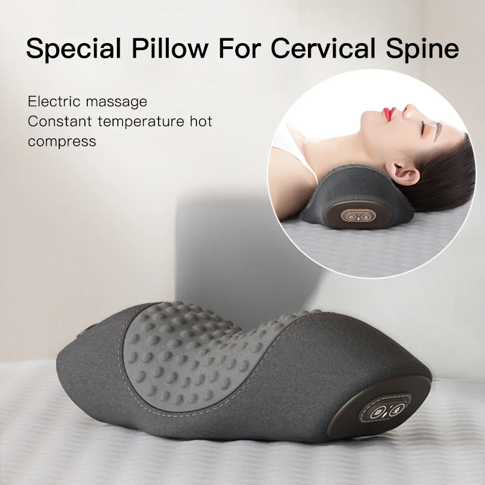 Masajeador eléctrico para cuello y cervicales, almohada con calefacción, vibración, masaje de tracción para la espalda, espuma viscoelástica para dormir, soporte para la columna vertebral