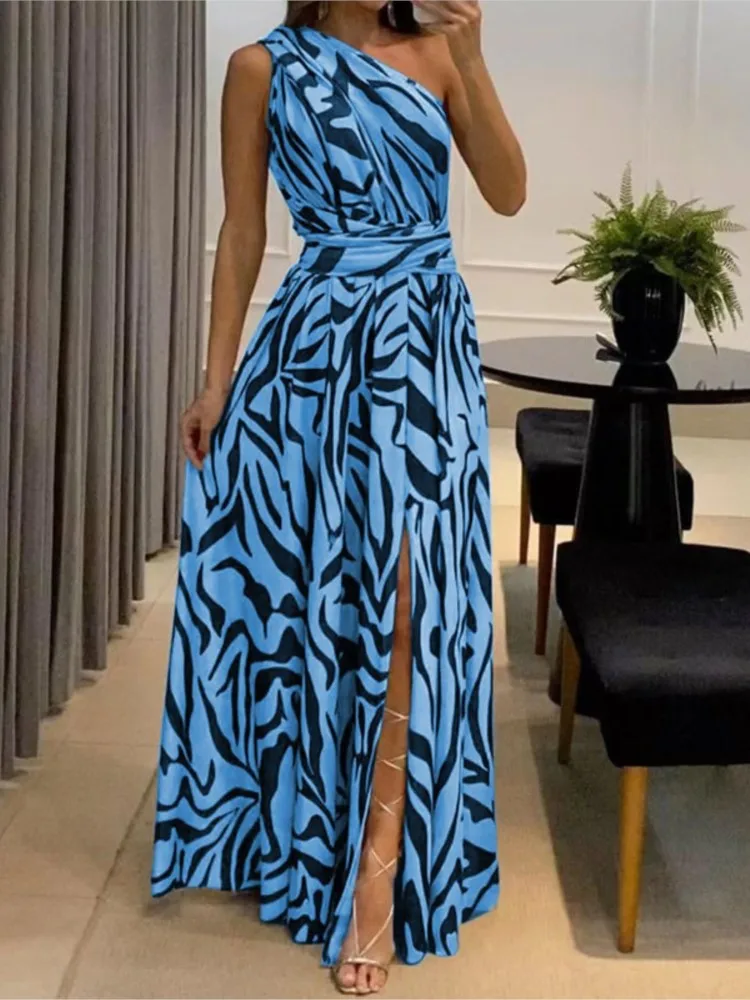 Summer Sexy One Shoulder Print Long Dresses For Women Fashion Backless Lace Up High Split A-line Sleeveless Party Dress Vestido