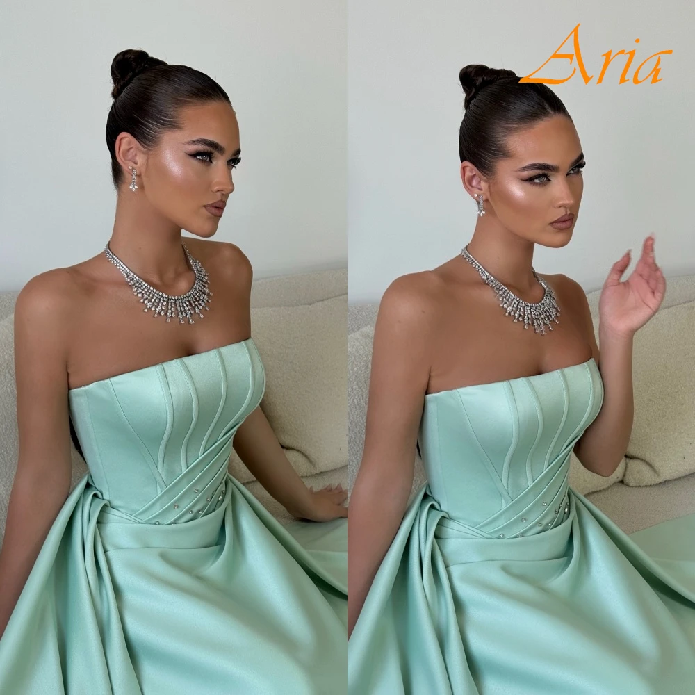 

Customized Exquisite Green Strapless Sleeveless Evening Dress High Quality Satin Prom Dresses Delicate Crystal Party Gowns