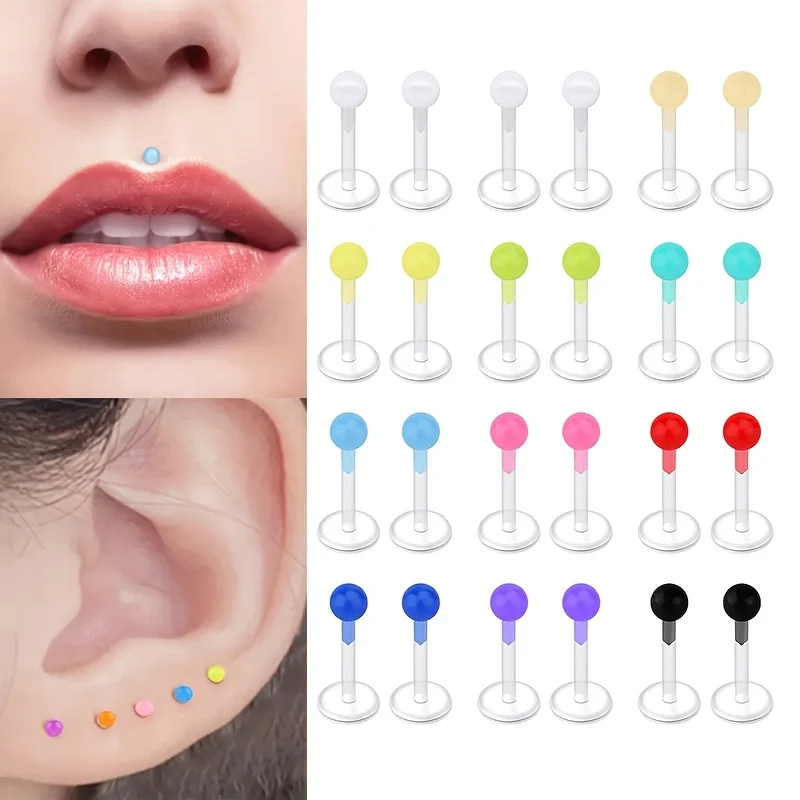 Set di gioielli per piercing al corpo Bioflex in acrilico trasparente stile 24 pezzi - Colori assortiti Trago, Labret, Orecchini elica e anelli per labbra
