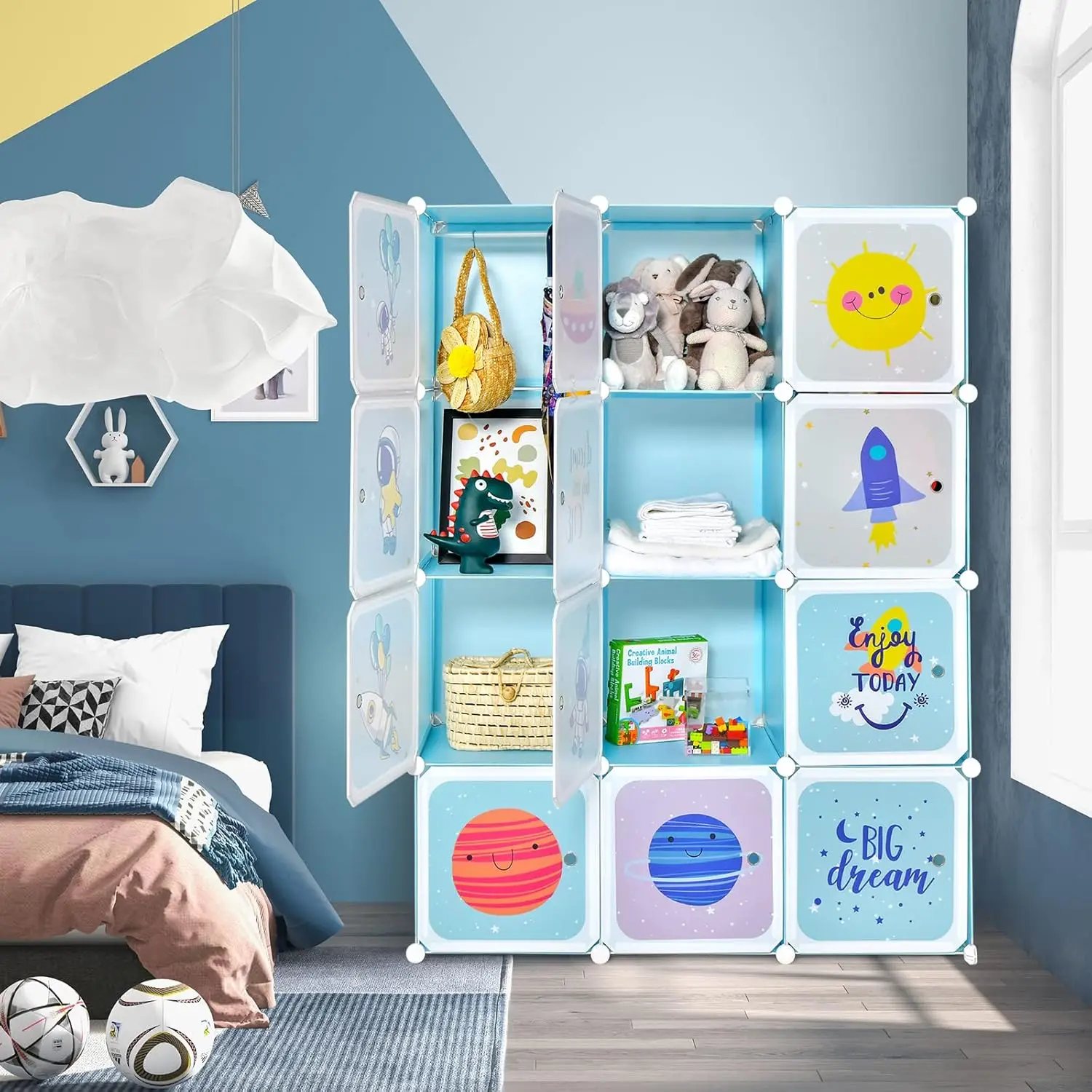 Bonito armario con puertas para dormitorio de niños, 12 cubos, 2 secciones colgantes, organizador de almacenamiento de ropa para niños (azul, 12 cubos)