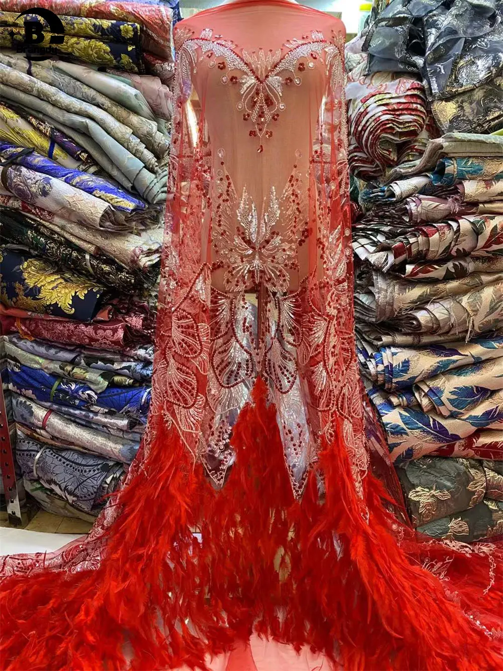 

Red Africa 3D Feather Lace Fabric 2023 High Quality Lace Embroidery Sequins Luxury Beaded 3D Lace Fabric Dress J110025