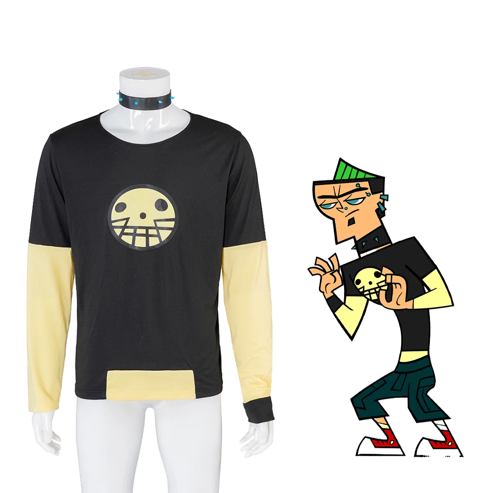 Total Drama Island Duncan Cosplay Costume Duncan Yellow Print Tshirt Casual Long Sleeve Tops with Neckwear Halloween Outfits