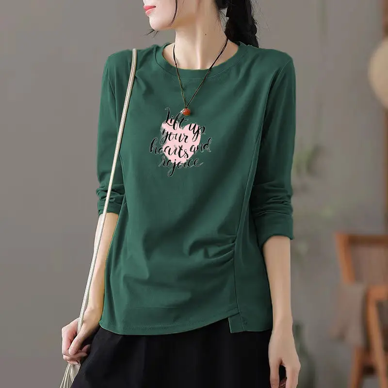 

Women's Vintage Simple Letter Print Ruched Asymmetrical Basic T-shirts Y2K Casual O Neck Long Sleeve Loose Cotton Pullover Tops