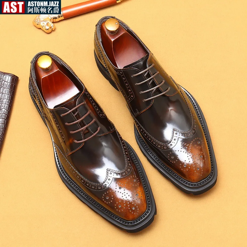 

2024 New Arrivals Men Business Dress Shoes Genuine Leather Brock Retro Gentleman Shoes Formal Carved Bullock Shoes Heightening