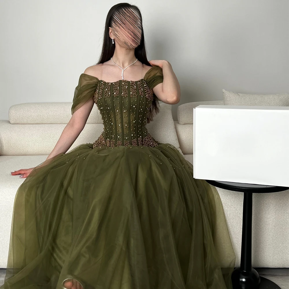 Maßgeschneidertes olivgrünes Abendkleid mit Perlenkorsett, Ballkleider, schulterfrei, A-Linie, Tüll, weiches Hochzeitskleid