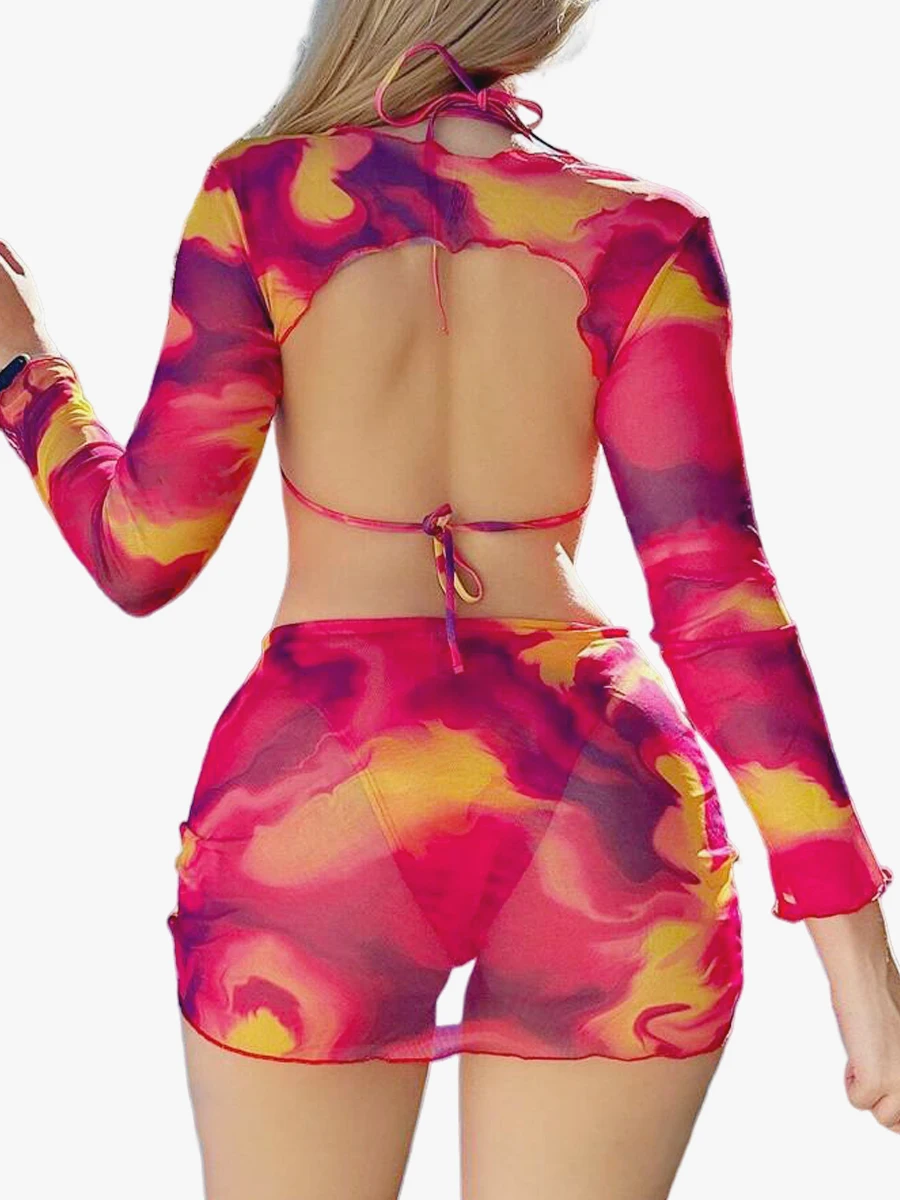 Tie dye printed bikini set tie back swimsuit women bra top&bikini bottom&cover up top&split thigh skirt 4 pieces swimwear summer