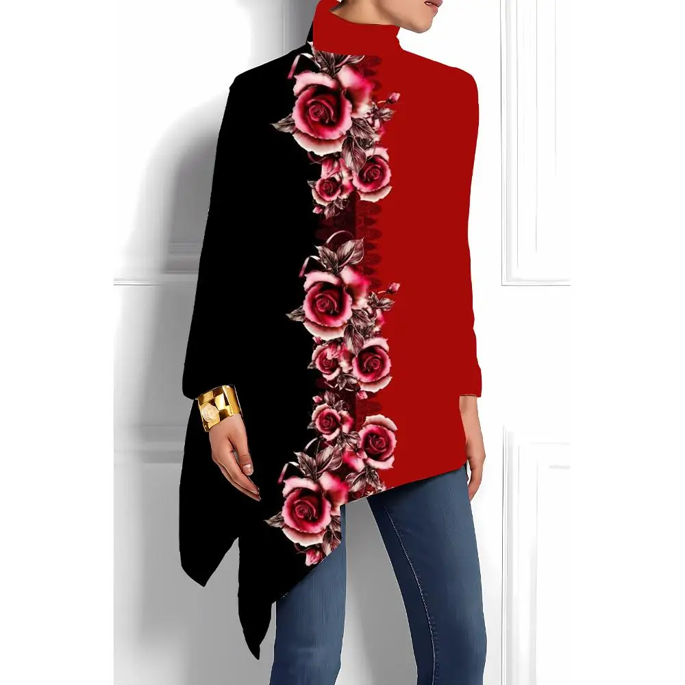 

Women's Elegant High-neck Asymmetrical Shawl-style Top Bohemian Art Print Autumn Fashionable Casual Loose Long-sleeved Clothing