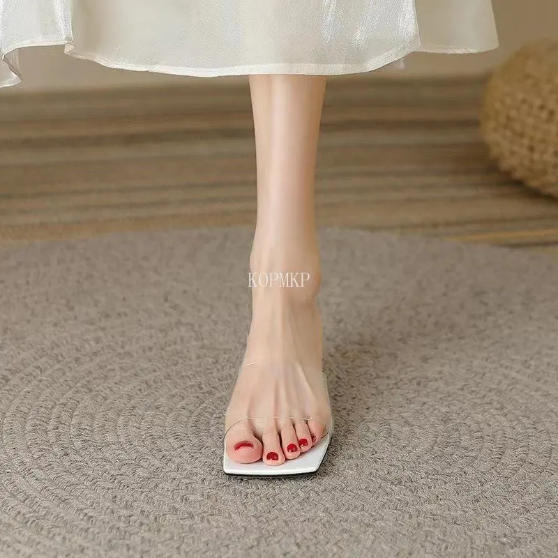 Fashion Design Woman Sandals Sexy PVC Transparent Jelly Shoes Sweet Ladies Ankle Square Toe Heels Women Plus Size 34-39