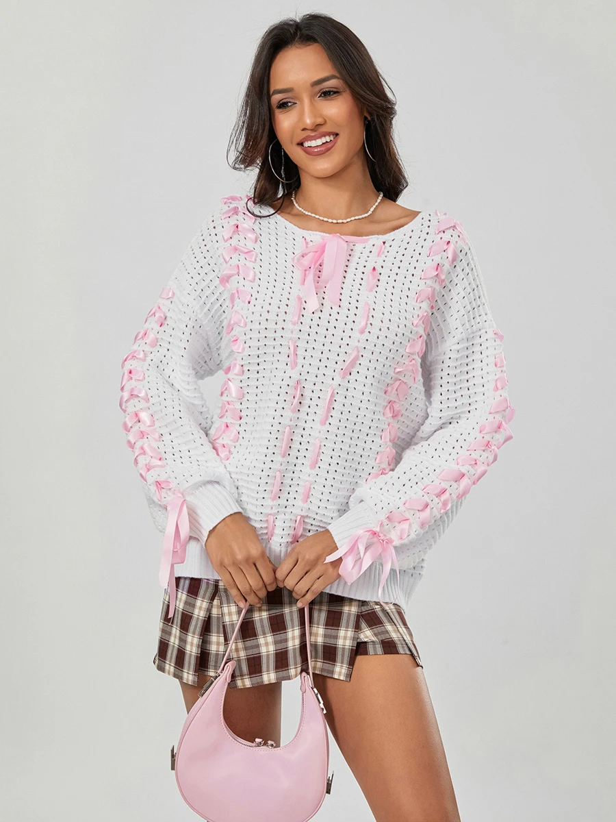 

Women Y2k Sweater V Neck Crochet Knitted Long Sleeve off the Shoulder Pullover Jumper Cute Bow Tops