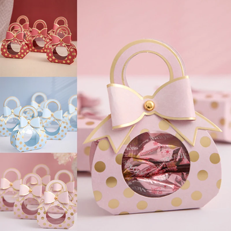 10pcs/Lot Wedding Favors Gift Boxes Clear Window Candy Packaging Box Kraft Paper Dragees Box with Handle