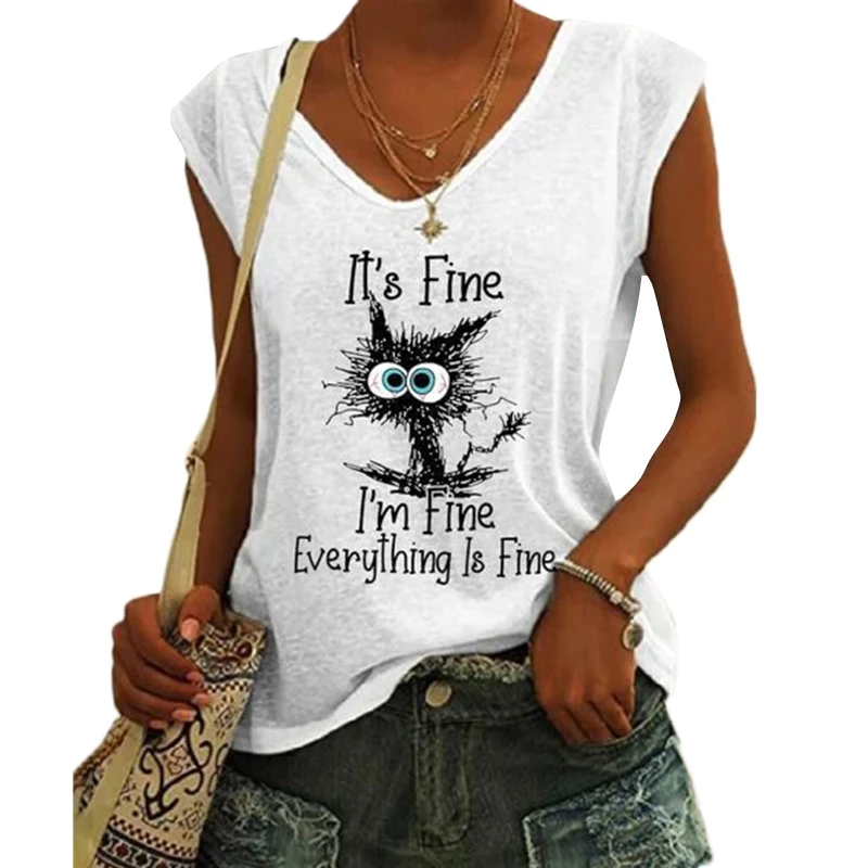 Fashion Summer Women Sleeveless Blouse V-Neck Funny Saying Cute Graphic Print Solid Color Casual Loose Vest T-Shirts