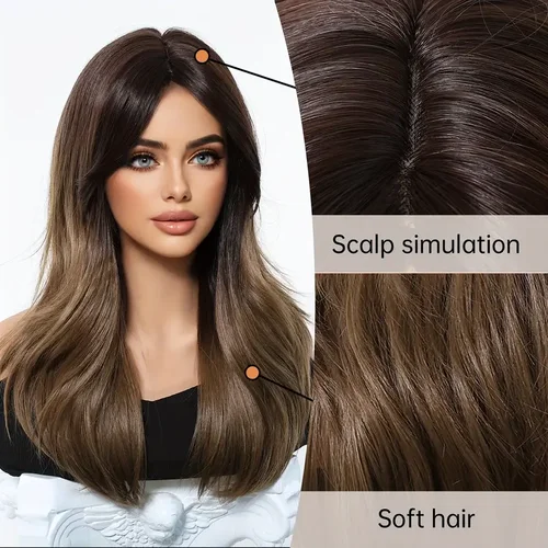 Imagen 2 del producto Pelucas LOUIS FERRE sintéticas marrones para mujer, uso diario en fiestas, pelo falso largo ondulado con flequillo, fibra resistente al calor, aspecto Natural