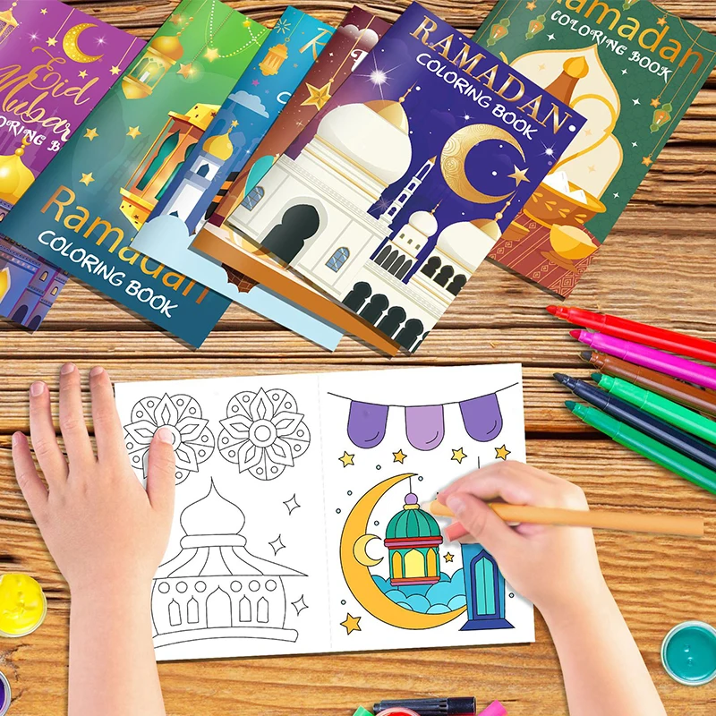 

16 Pcs Ramadan Eid Mubarak Coloring Books Gold Moon Fillers Diy Painting Book Kids Gift Graffiti Book for Muslim Party Supplies