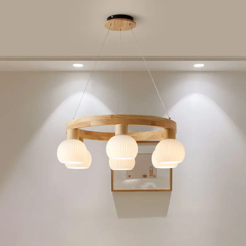 Modern Wooden Circular Pendant Light Creative Striped Glass Art Light Vintage Living Room Bedroom Dining Room LED Hanging Lamp