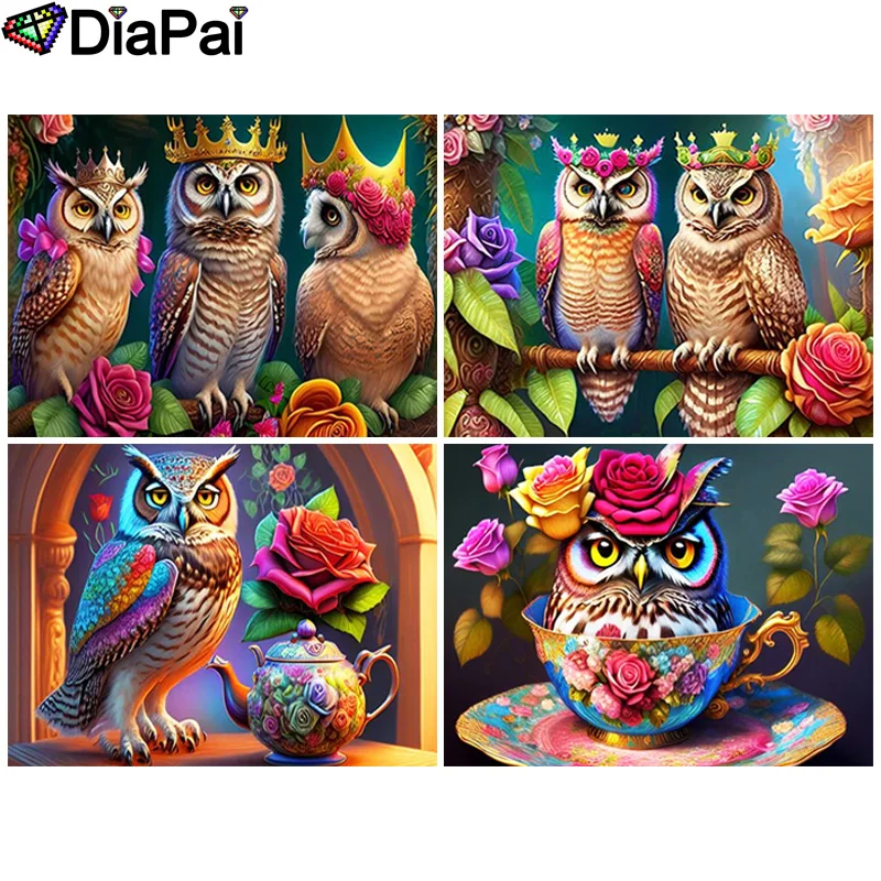 Алмазная живопись DIAPAI, полноразмерная/круглая картина 5D «сделай сам», «животное, Сова, цветок», вышивка стразами, искусственная вышивка крестиком, Декор