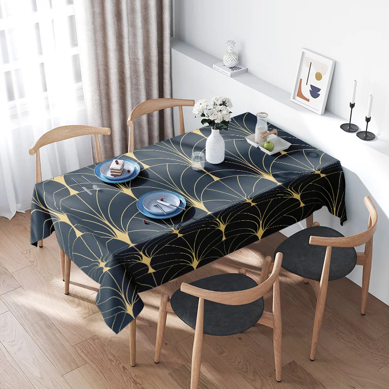 

Luxury Retro Geometric Dining Table Cloth - Navy Blue Gold Leaves Pattern Square Cover for Home Decoration in Kitchen Dining