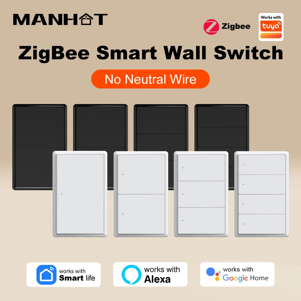 Interruptor de Luz Inteligente Manhot ZigBee US 1-4 Gang, Interruptor de Parede com Botão, Sem Necessidade de Fio Neutro, Compatível com Tuya, Alexa e Google Home