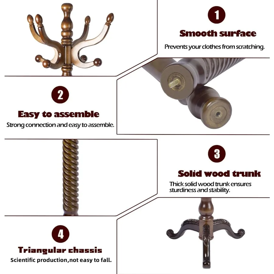 رف معطف قائم بذاته مع 11 خطافًا مصممًا للمدخل والمكتب المنزلي وغرفة النوم؛ ارتفاع قابل للتعديل يصل إلى 74 بوصة؛