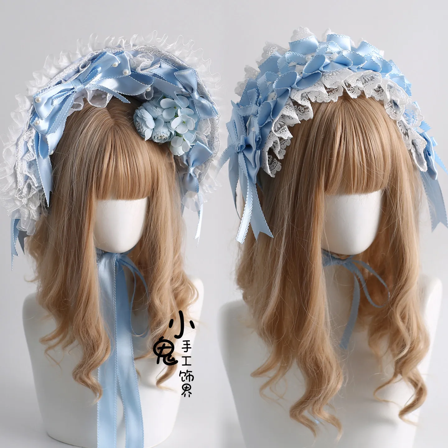

Original Light Blue Showa Doll Bonnet Top Hat Lace Headband Bnt Headband Rose Lolita Hair Accessories Hand Sleeve