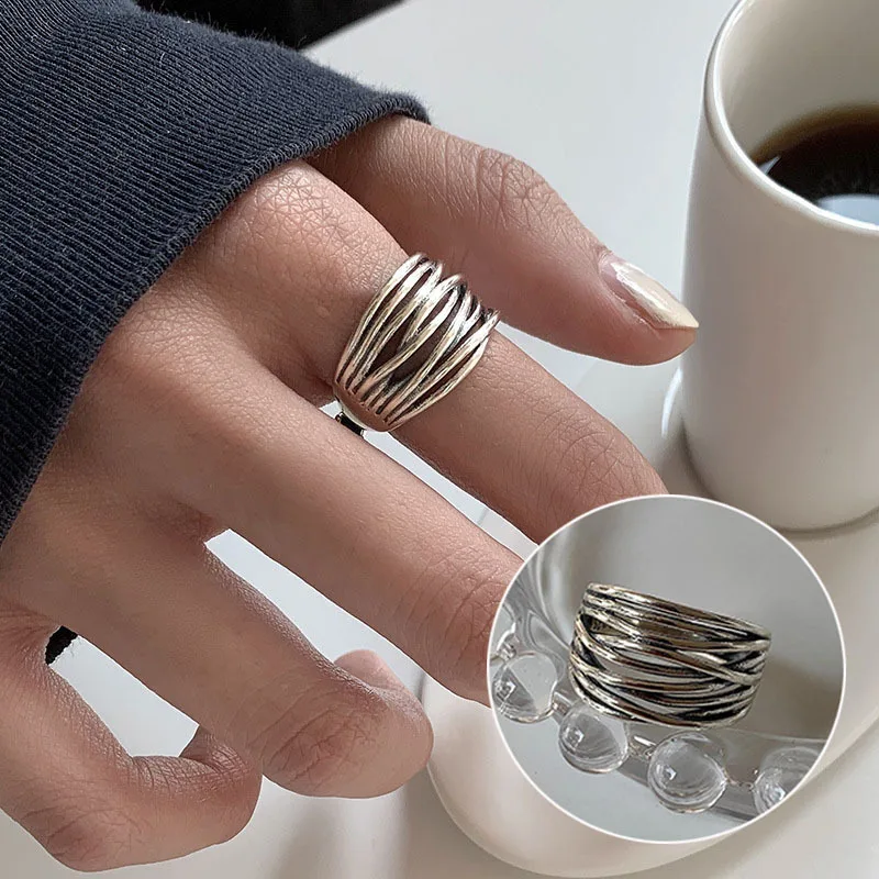 Women's Geometric Line Cross Wrap Open Ring, 925 Silver