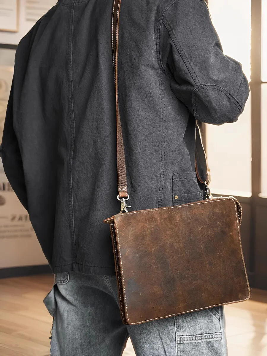 Nupugoo schlanke Umhängetasche Herren Echt leder Retro Umhängetasche täglich Pendler Rindsleder Umhängetasche Clutch Tasche Büro tasche – Detail 2