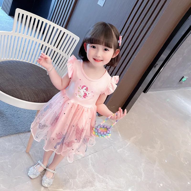 Girls Clothes 2024 New Summer Princess Dresses Flying Sleeve Kids Dress Unicorn Party Baby Dresses for Children Clothing 3-8Y