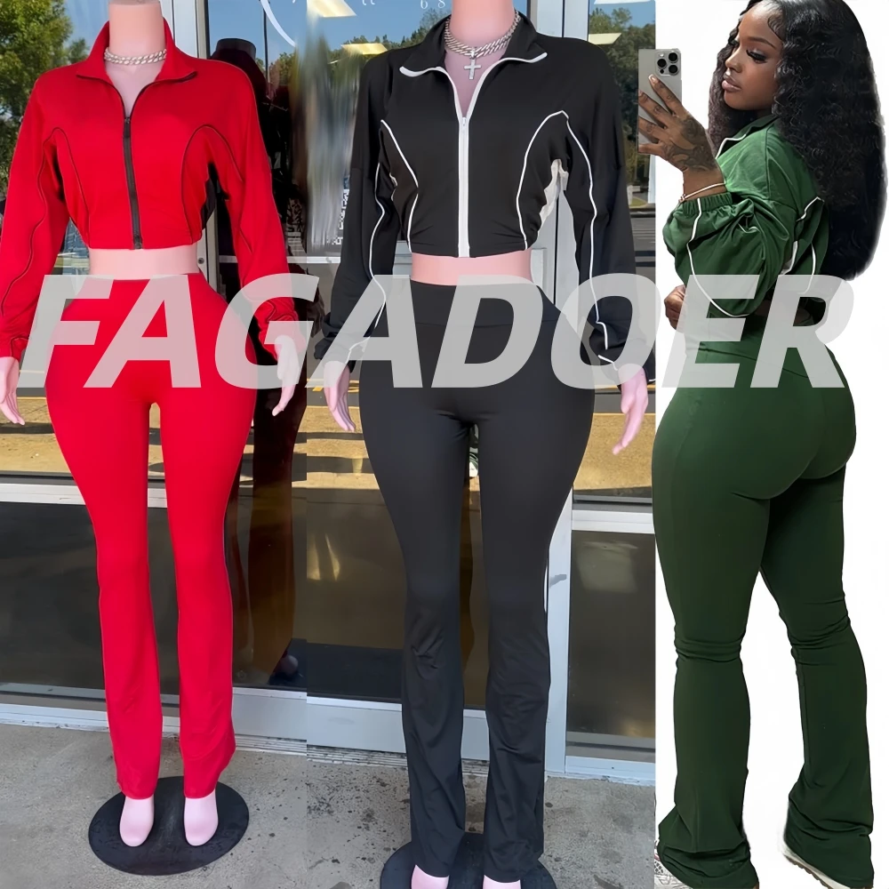 

FAGADOER Casual Stripe Patchwork 2 Pieces Set for Woman Zip Long Sleeves Ruched Crop Top + Flare Pants Tracksuit Female Jogger