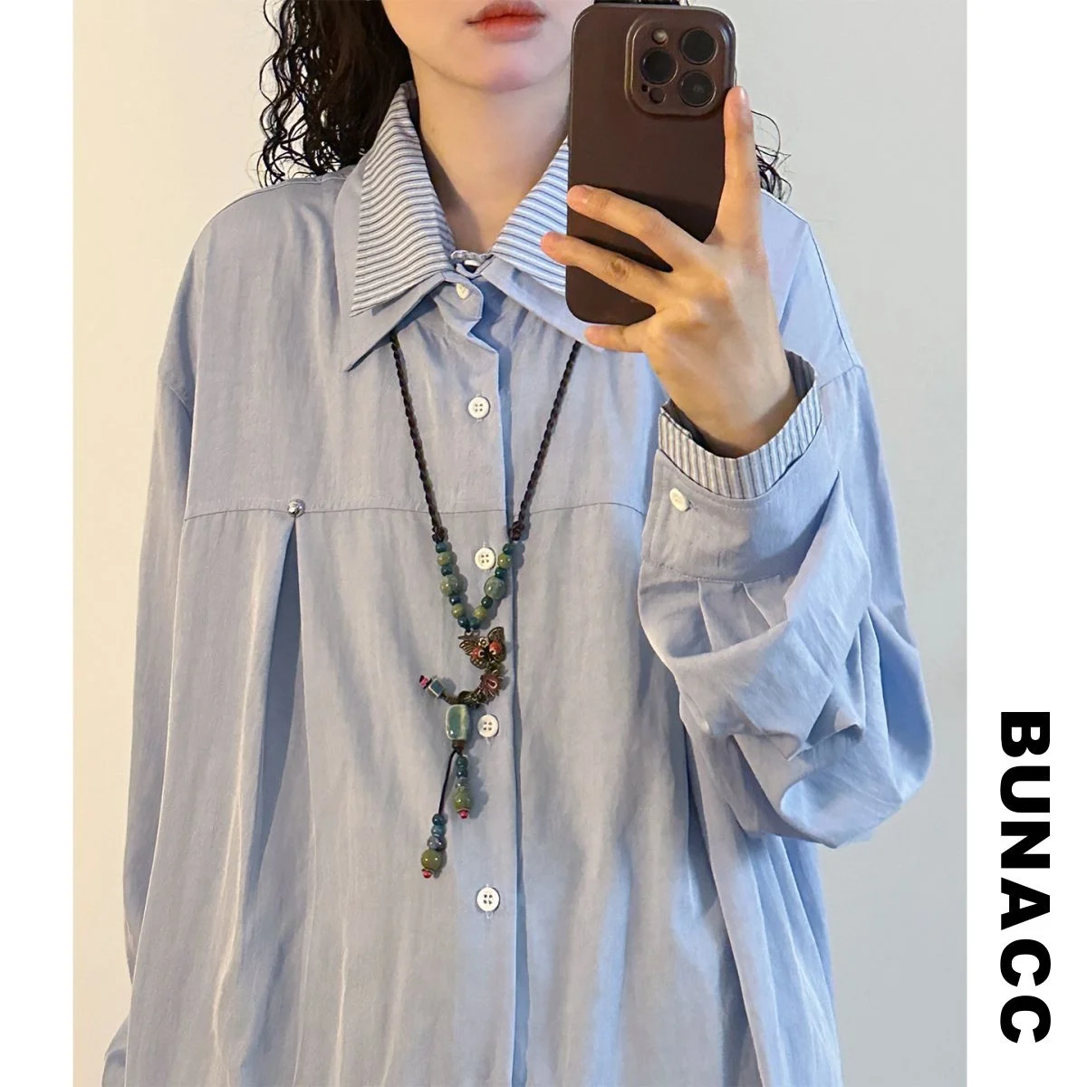 

Summer Stripe Loose Long Sleeve Shirt Vintage Hong Kong Style Pleated Casual Women's Shirt Casual Style Loose Fit Stripe Pattern