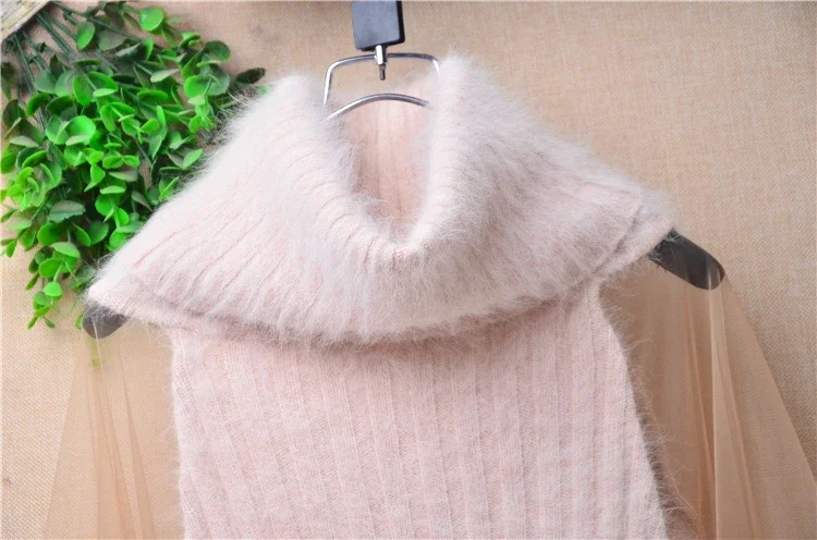 04 Female Women Fall Winter Sexy Lace Hairy Mink Cashmere Knitted Turtleneck Loose Pullover Angora Fur Jumper Sweater Pull Tops