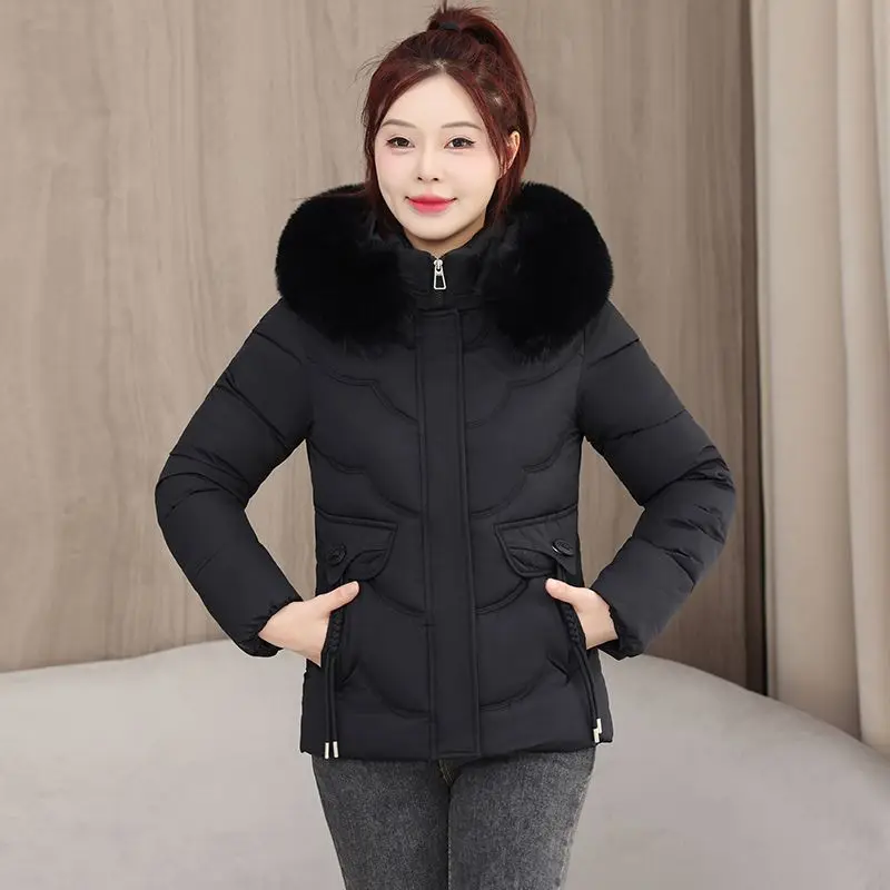 Nowy damski płaszcz slim fit z odpinanym futrzanym kołnierzem, kurtka z kapturem, bawełniana, średniej długości, krótka kurtka, zapinana na zamek, jednolity kolor, odzież wierzchnia damska.