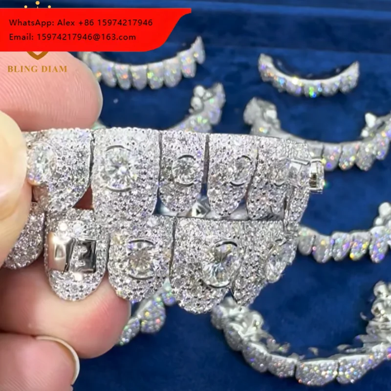 New Design HipHop Custom Teeth Moissanite Silver Grillz 8 Top 8 Bottom Fashion Iced Out 925 Sterling Silver Moissanite Grillz