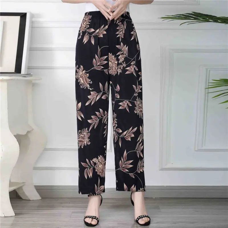 Women Summer Fashion Loose Ice Shreds Printing Large Size Appear Thin High Waist Straight Ladies Casual Trend Thin Cropped Pants